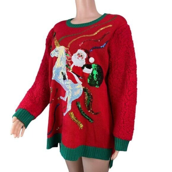 99 Jane Street Womens Red Santa Holiday Sequin Unicorn Hi-Low Sweater Top SZ 1X - Picture 3 of 15